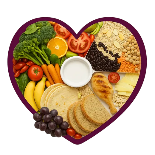 Alimentos variados acomodados en forma de corazón